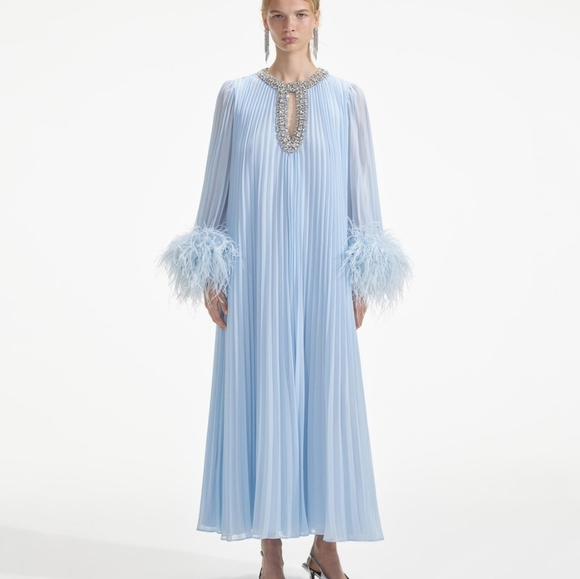 Self-Portrait Blue Chiffon Feather Midi Dress
